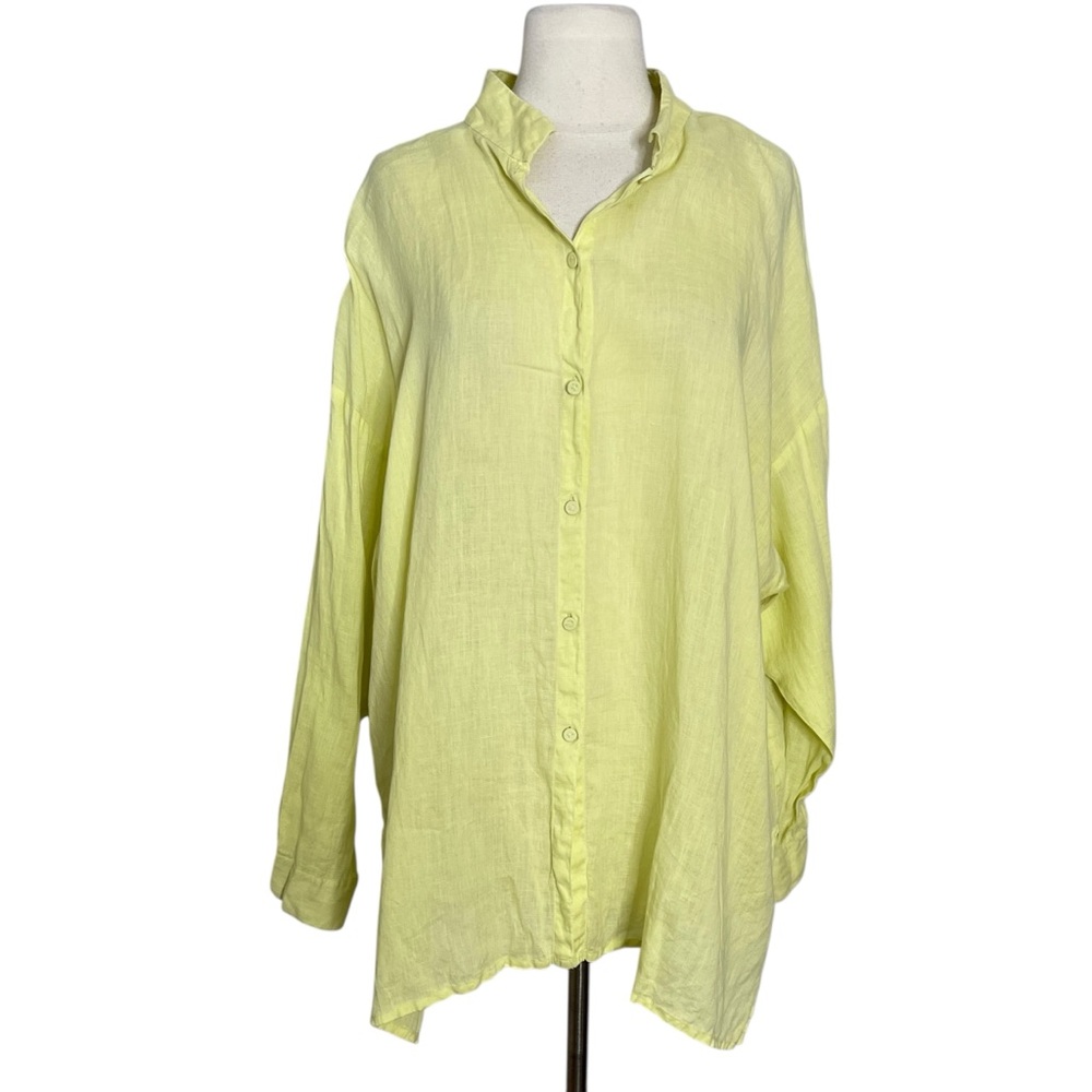 Eileen Fisher Chartreuse Green Linen Shirt 1X Button Down Top Lightweight Tunic